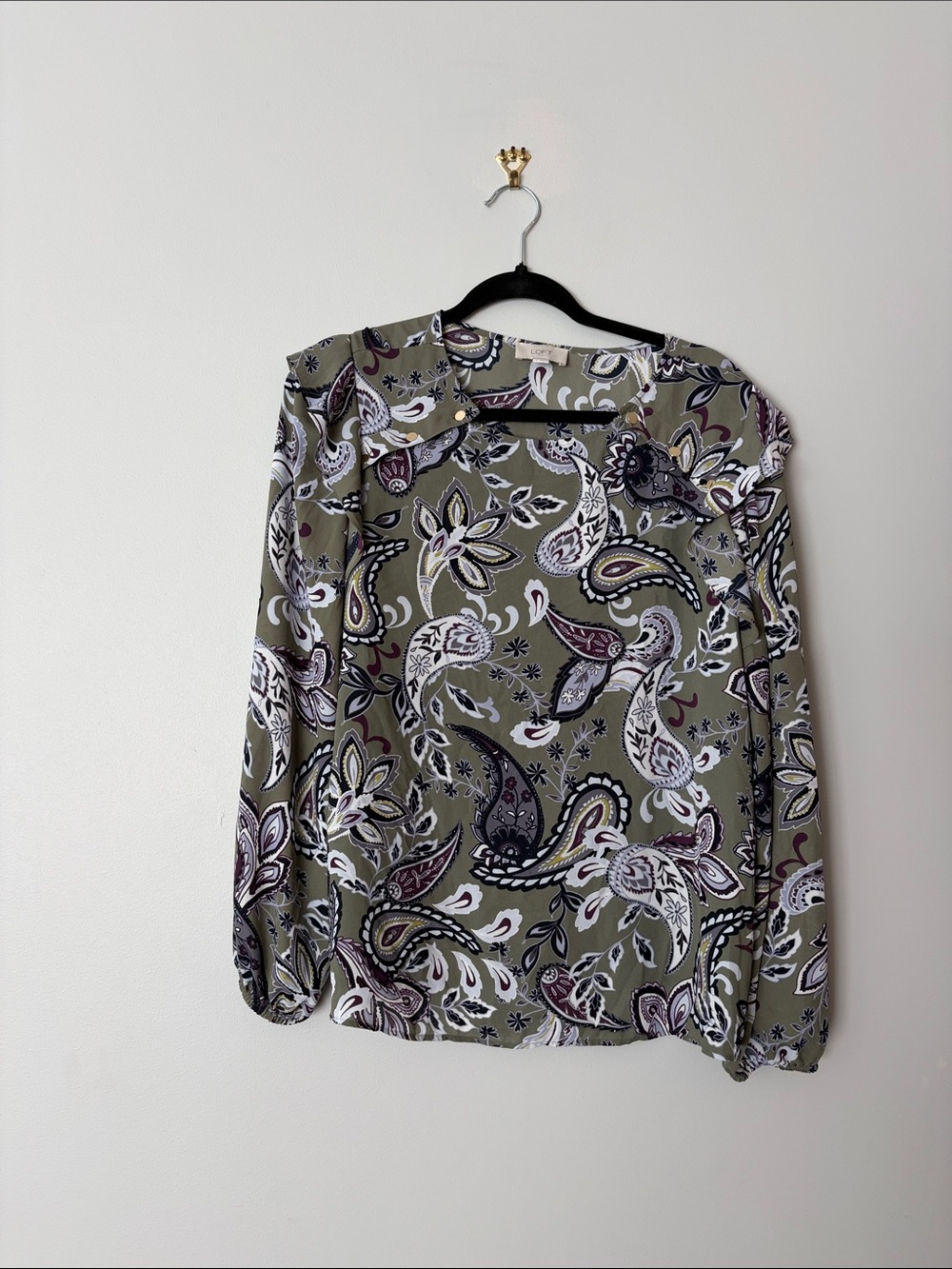 LOFT Olive Paisley Button-Down Blouse L